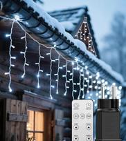 Lauko šviesų girlianda „Eisregen“, 10 m, 400 LED šviesų užuolaida su nuotolinio valdymo pultu ir kištuku, atspari vandeniui, 8 režimai lauke ir viduje, skirta lauko, sodo, balkono, vestuvių ir vakarėlių apšvietimui (šaltai balta, 10 m)