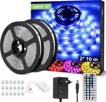 LE LED juosta 20 m (2 x 10 m), RGB LED juosta, 5050 SMD 600 LED juostelės, 12 V, lipni šviesos juosta su 44 mygtukų nuotolinio valdymo pulteliu, lanksti LED juosta, LED pasakų žibintai IP20 namams, vakarėliams,