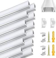LED aliuminio profilis, 12 vnt. rinkinys U formos LED bėgelių, LED kanalas su pieno baltumo dangteliu, galiniai dangteliai, tvirtinimo spaustukas, LED difuzorius, skirtas LED juostelėms (LED juostelės į komplektą neįeina)
