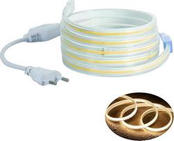 LED COB juosta (dalinė galimybė - visi 10 cm) + IP20 maitinimo kabelis su euro kištuku (10 metrų, šiltai balta, 240LEDs/M, be jungiklio)