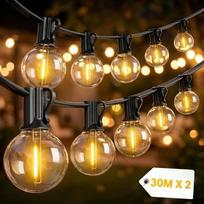 LED girliandinės lemputės lauke, 60 m, G40 lauko lemputės, 100 + 4 plastikinės lemputės, vandeniui atsparios IP44 pakabinamos lemputės, skirtos lauke, sode, terasoje, vakarėliuose, kavinėse, 2700 K šilta balta (2 x 30 m)