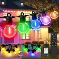 LED girliandos lauke, šilta balta šviesa ir besikeičiantys spalvų atspalviai, 15 m, 24 lemputės, 8 režimai. Girliandos lauke su nuotolinio valdymo pultu, IP68, G40 girliandos, skirtos naudoti viduje, sode, balkone, pavėsinėje ir terasoje