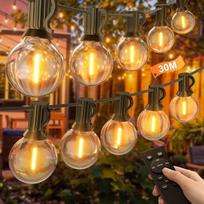 LED girliandos lauke su nuotolinio valdymo pulteliais, reguliuojamo ryškumo 30 m girliandos, lauko girliandos su G40 vandeniui atspariomis lemputėmis, lauko ir vidaus girliandos su laikmačiu, skirtos sodui, vakarėliams, terasai, balkonui, vestuvėms