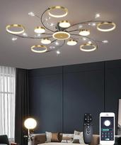 LED kristalinis šviestuvas su reguliuojamu apšvietimu ir nuotolinio valdymo pultu, reguliuojamas, 3000 K – 6000 K, 110 W, kelių galvučių lubinis šviestuvas, skirtas svetainei, miegamajam, virtuvės zonai, energiją taupantis, šilta ir šalta balta šviesa