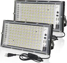 LED lauko prožektorius 100 W, 2 LED lauko prožektoriai su kištuku ir jungikliu, 6500 K vėsios baltos spalvos, 10000 LM LED prožektorius, IP65 vandeniui atsparus lauko prožektorius, skirtas kiemo durims, garažui, garažui, stadionui, žaidimų aikštelei