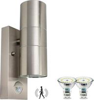 LED lauko sieninis šviestuvas su judesio jutikliu, nerūdijantis plienas, PIR šviesa, nukreipta į viršų arba į apačią, komplekte su 2 vnt. GU10 LED lemputėmis, 7 W, šilta balta | Lauko sieninis šviestuvas su PIR jutikliu, nukreiptas į viršų arba į apačią,