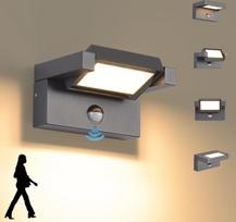 LED lauko šviestuvas su judesio jutikliu, 12 W lauko sieninis šviestuvas, IP65 atsparus vandeniui lauko sieninis šviestuvas, 3000 K šiltos baltos spalvos sieninis šviestuvas, lauko / vidaus sieninis šviestuvas su 350° pasukamu paneliu, skirtas sodui, tera