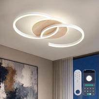 LED lubinis šviestuvas iš medžio su reguliuojamu apšvietimu, baltas „S“ modelis su 2 žiedais, modernus lubinis šviestuvas, 40 W, 60 cm, 4000 lm, 3000 K – 6000 K, su nuotolinio valdymo pultu / mobiliąja programėle; svetainės ir miegamojo lempa su atminties