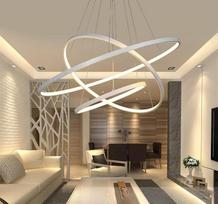LED pakabinamas šviestuvas valgomojo stalui, baltas pakabinamas šviestuvas svetainei, modernus, su nuotolinio valdymo pultu reguliuojamas šviesos stiprumas, 3000 K – 6500 K, kūrybiškas apvalus trijų apskritimų dizaino gaubtas, akrilo pakabinamas šviestuva