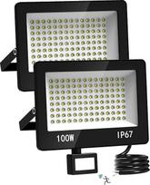 LED prožektorius su judesio jutikliu lauke, 2 vienetai, 100 W 10000 LM LED žibintas 220-240 V, 6500 K šaltai balta lauko prožektorius, IP67 vandeniui atsparus lauko žibintas garažui, pravažiavimui, sodui
