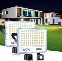 LED prožektorius su judesio jutikliu, skirtas lauko sąlygoms, 100 W, 10 000 LM, lauko lempa, 2 vnt. rinkinys | LED prožektorius su judesio jutikliu, IP67 atsparus vandeniui, lauko lempa su judesio jutikliu, 6500 K, skirta sandėliui, sodui, garažui, rūsiui