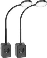 LED sieninis skaitymo šviestuvas lovai "Gooseneck", juodos spalvos, su kištuku, lizdu ir USB jungtimi, 2 kištukinių LED šviestuvų pakuotė, du jutikliniai jungikliai, 3 šviesos spalvų režimai