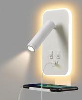 LED sieninis šviestuvas interjerui, naktinė skaitymo lempa su USB įkrovimo funkcija ir mobiliojo telefono laikikliu, reguliuojamas taškinis šviestuvas su jungikliu, miegamojo ar viešbučio atmosferinis apšvietimas (3 W, 3100 K + 9 W, 6000 K), balta