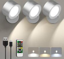 LED sieninis šviestuvas vidaus patalpoms, 3 vnt. rinkinys: baterijomis maitinami sieniniai šviestuvai su nuotolinio valdymo pultu, 3 spalvų režimai, belaidžiai sieniniai šviestuvai, šviestuvai be maitinimo šaltinio, 360° pasukamas naktinis šviestuvas, pro