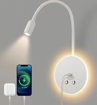 LED skaitymo lempa, prie sienos tvirtinama lovos skaitymo lempa, 3 W + 6 W, su jutikliniu apšvietimo reguliatoriumi ir USB įkrovimo funkcija, sieninė skaitymo lempa su 360° pasukamu „gulbės kaklo“ strypu, skirta miegamajam, viešbučiui, 3000 K, balta