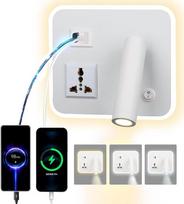 LED skaitymo lempa, sieninis šviestuvas su universaliu lizdu, C tipo USB, du įkrovimai, jungiklis, reguliuojamas, 12 W, 3000 K, sieninis skaitymo šviestuvas, aliumininis lovos šviestuvas, pasukamas (kvadratinis, baltas)