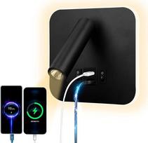 LED skaitymo lempa Sieninis šviestuvas USB Type-C du įkrovimo jungikliai Reguliuojamas 12 W LED prožektorius 3000 K Sieninis skaitymo šviestuvas Aliuminio lovos lempa Pasukama (kvadratinė juoda)