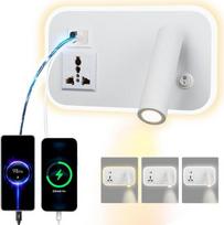 LED skaitymo lempa, sieninis šviestuvas su universaliu lizdu, USB Type-C, dvi įkrovimo jungtys, liežuvio jungiklis, reguliuojamas, 12 W, 3000 K, sieninis skaitymo šviestuvas, aliuminis naktinis šviestuvas, pasukamas (stačiakampis, baltas)