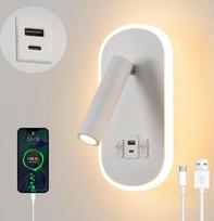 LED skaitymo lempa, sieninis šviestuvas su jungikliu, USB + Type-C įkrovimo lizdas, sieninis šviestuvas, 3 W 3000 K + 9 W 6000 K apšvietimas, sieninis skaitymo šviestuvas, pasukamas naktinis šviestuvas, vidaus šviestuvas, miegamasis, viešbučiai, naktinis