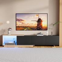 LED televizoriaus spintelė išskleidžiama medinė 163-240 cm ilgio moderni televizoriaus spintelė su saugykla 3 stalčiai Atvira saugykla, tinkama svetainei ar miegamajam (juoda, 163-240x44x38)
