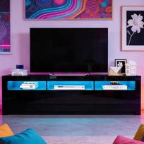 LED televizoriaus spintelė, moderni blizgi televizoriaus spintelė su 2 durimis ir 2 stalčiais, televizoriaus spintelė svetainei, miegamajam, baldai, juoda, 160 x 35 x 60 cm