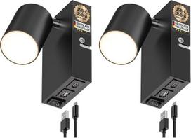 ledscom.de 2 vnt. „Waika“ sieninis šviestuvas, 1 lemputė, juodos spalvos, su USB-C ir USB-A jungtimis bei LED GU10 lempute, 450 lm, šilta balta šviesa