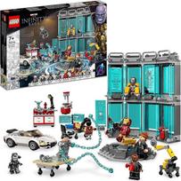 LEGO 76216 „Marvel“ Geležinio žmogaus dirbtuvės su 3 koviniais kostiumais, žaisliniu automobiliu ir robotu, „Keršytojų“ konstruktorius, 5 mini figūrėlių rinkinys, dovana vaikams nuo 7 metų