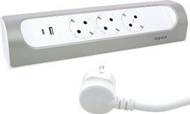 LEGRAND, kampinė kištukų juosta, 45° kampu, 3 lizdai, USB-A ir USB-C jungtys, 3000 mA – 5,0 V – 15 W (maks.), montavimas ant sienos ir ant stalo, 2 metrų laido ilgis, „Ultra White“/aliuminis, 694502