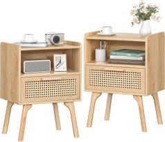 LELELINKY 2 vnt. rotango „Boho“ staliukų rinkinys, mažas medinis staliukas su stalčiu ir atvira lentyna, naktiniai staliukai su masyviomis medinėmis kojomis, skirti svetainei, prie sofos, miegamajam, kaip naktiniai staliukai