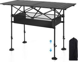 LET'S CAMP Kempingo stalas XXL 120 x 55 cm Sulankstomas stalas, reguliuojamas aukštis 68–96 cm, aliuminis, suskleidžiamas pikniko stalas su grotelėmis, neslystantys „Lotus“ kojelės, pritaikytos nelygiam reljefui, juodos spalvos