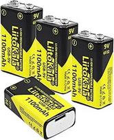 LiitoKala 9 V įkraunama baterija, 1100 mAh 9 V USB įkraunamos ličio baterijos su didele talpa ir LED ekranu, skirtos dūmų detektoriui, multimetrui, mikrofonui, elektroniniam žaislui ir kt. 4 vnt. pakuotė