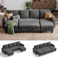 LINSY HOME sofa-lova, išskleidžiama sofa, kampinė sofa su miego funkcija, laikymo vieta, virvės užvalkalas, L formos modulinė sofa su šezlongu svetainei ir butui (tamsiai pilka, U formos)