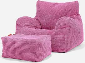 Lounge Pug, Bean Bag Wingback kėdė su taburete, Pom-Pom Pink