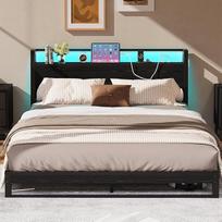 Lova 120 x 200 cm su ergonomišku galvūgaliu ir daiktų laikymo ertme, grindų lova, žema metalinė lova, lovos rėmas su įkrovimo stotele ir LED apšvietimu, paauglių lova 120 x 200 cm, skirta miegamajam ar svečių kambariui, juodos spalvos
