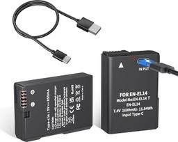 LP EN-EL14 EN-EL14a baterija 1600 mAh, 2 vnt., su USB-C greitojo įkrovimo laidu, skirta Nikon D3100 D3200 D3300 D3400 D3500 D5100 D5200 D5300 D5500 D5600 DF Coolpix Pix 7 000 Pp 7100 P7700 P7800 fotoaparatams