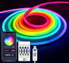 LRGBST 5 V USB RGBIC neoninė LED juosta, 5 m RGB LED neoninė juosta su „Bluetooth“ programėle ir nuotolinio valdymo pultu, skirta kambario neoniniam dekoratyviniam apšvietimui