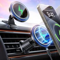 Magnetinis automobilinis laikiklis, belaidis įkroviklis, dviguba bazė, automobilinis laikiklis su lipduku prie prietaisų skydelio ir kabliuku prie ventiliacijos angos, 15 W, greitojo įkrovimo stotelė, suderinama su „iPhone“ 17, 16, 15, 14, 13, 12