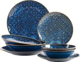 MÄSER 935078 Series Tiles Modern Vintage Crockery Set for 2 People in Moorish Design, 8 dalių pietų servizas su lėkštėmis ir dubenėliais, pagamintas iš aukštos kokybės keramikos, akmens masės, mėlynos spalvos