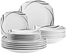 MÄSER Decora serijos lėkščių rinkinys 6 asmenims, 18 dalių stačiakampio formos indų rinkinys, elegantiškas, nesenstantis, porcelianinis, baltas