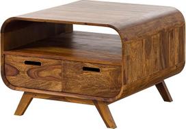 MASSIVMOEBEL24.DE Milano kavos staliukas iš medžio masyvo #132 Sheesham Wood Šviesiai ruda lakuota 1 skyrius ir 2 stalčiai 70 x 70 x 50 cm Kavos staliukas Sofos staliukas Šalutinis staliukas