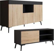 MB Muebles Bonitos Kai svetainės baldų komplektas, komoda ir TV spintelė, juoda ir sonoma spalvos, matinė apdaila, modernūs svetainės baldai, modelis Kai