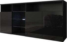 MB Muebles Bonitos svetainės bufetas, plotis 150 x aukštis 70 x gylis 35 cm, modernus, juodos spalvos su blizgiu paviršiumi, 3 durelės, LED apšvietimas, svetainės TV spintelė, modelis „Clark L“