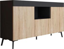 MB Muebles Bonitos „Kai“ svetainės bufetas. Plotis 130 x aukštis 70 x gylis 32,5 cm. Spalva – juoda ir „Sonoma“ matinis apdaila. 3 durų žemas bufetas, skirtas valgomajam.