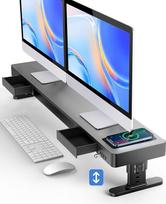 meatanty Reguliuojamo aukščio dviejų monitorių stovas su išmaniuoju koncentratoriumi, 15 W belaidžiu įkrovimu, 4 x USB 3.0, dviem laikymo stalčiais ir tvirta plienine konstrukcija namų biurui