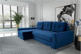 MEBLINI FURLA sofa-lova su daiktų dėže – maža kampinė sofa su miego funkcija – sofa su atsipalaidavimo funkcija ir pagalvėle – maža L formos sofa – kampinė sofa – FURLA – 250 x 151 x 90 cm, kairė pusė – mėlynas aksomas