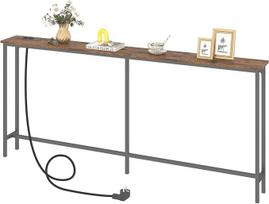 Medinis konsolinis stalas 180 cm su įkrovimo stotele, 180 D x 20 W x 80,5 H cm Siauras konsolinis stalas, pramoninis prieškambario stalas, prieškambario stalas, prieškambario, fojė, svetainės stalas, senovinė ruda spalva