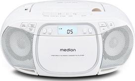 MEDION E66476 stereo garso sistema (boombox, CD grotuvas, MP3, kasetės, nešiojamas kasetės grotuvas vaikams, FM radijas, AUX, ausinės, maitinimas iš elektros tinklo ir baterija) balta