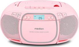 MEDION E66476 stereo garso sistema (boombox, CD grotuvas, MP3, kasetės, nešiojamas kasetės grotuvas vaikams, FM radijas, AUX, ausinės, maitinimas iš elektros tinklo ir baterija) rožinė