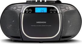 MEDION E66476 stereo garso sistema (boombox, CD grotuvas, MP3, kasetės, nešiojamas kasetės grotuvas vaikams, FM radijas, AUX, ausinės, maitinimas iš elektros tinklo ir baterija) Juoda