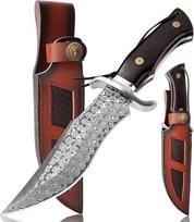 Medžioklinis peilis P-S-DMSG, 16,3 cm, pagamintas iš VG10 Damasko plieno, 67 sluoksnių, su pilnu kotu, skirtas nešioti prie diržo, su odiniais makštais ir medine rankena, lauko peilis, skirtas stovyklavimui ir „bushcraft“ veiklai